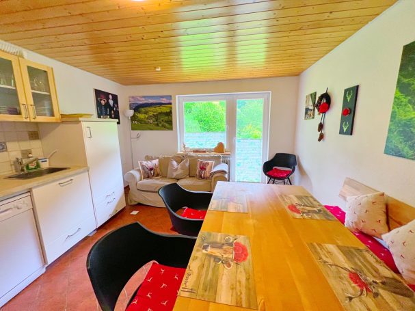 Helle Wohnküche mit Esstisch, Sofa und Blick auf den Garten.