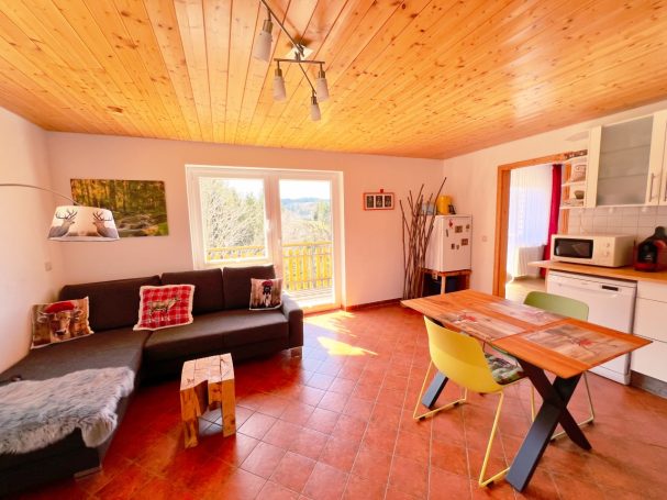 Gemütlicher Wohnbereich mit Sofa, Esstisch und Fenster mit Blick nach draußen.