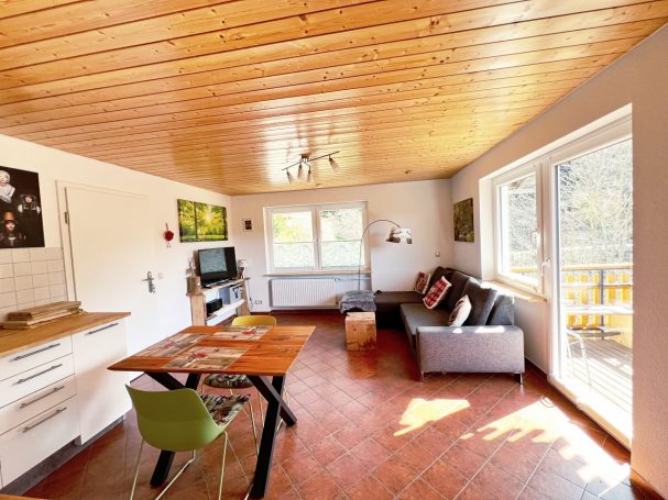 Helle Wohnküche mit Holzdecke, Esstisch, Sofa und großen Fenstern.