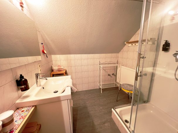 Helles Badezimmer mit Dusche, Waschbecken.