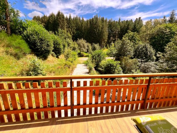 Aussicht auf einen den Eingang umgeben von Bäumen und üppiger Vegetation.